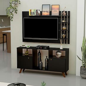 Rack com Painel para Tv até 50 Polegadas 2 Portas e Pés Retrô Preto