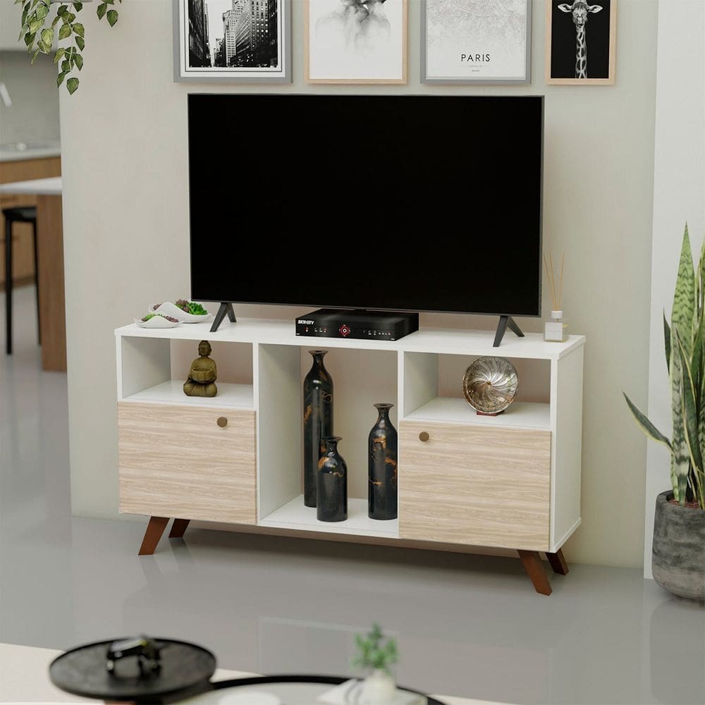 Rack para Tv até 50 Polegadas 2 Portas e Pés Retrô Branco