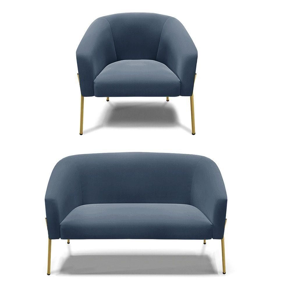 Sofá Namoradeira E Poltrona Pé De Ferro Dourado Stella Suede Azul Marinho D03 - D`rossi