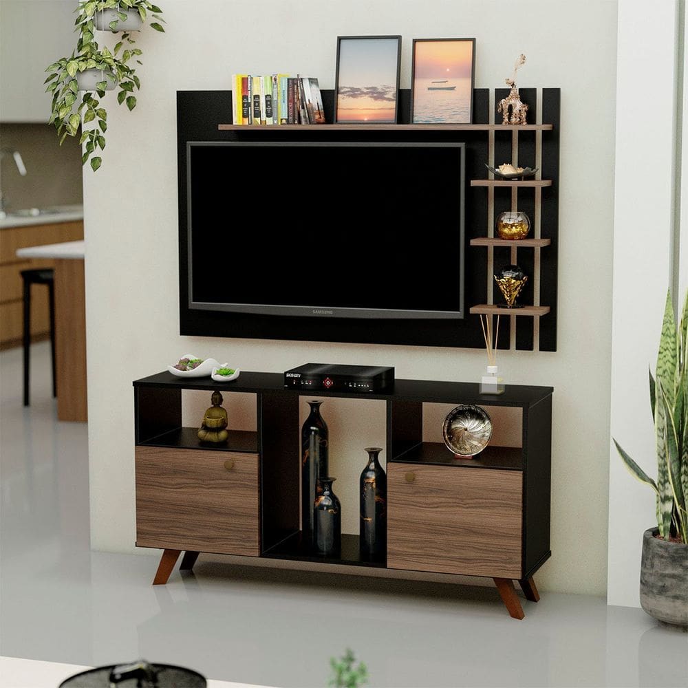 Rack com Painel para Tv até 50 Polegadas 2 Portas e Pés Retrô Marrom