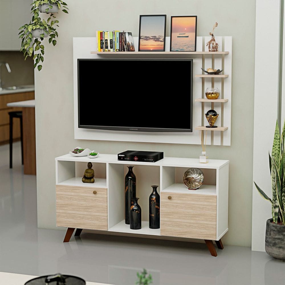 Rack com Painel para Tv até 50 Polegadas 2 Portas e Pés Retrô Carvalho
