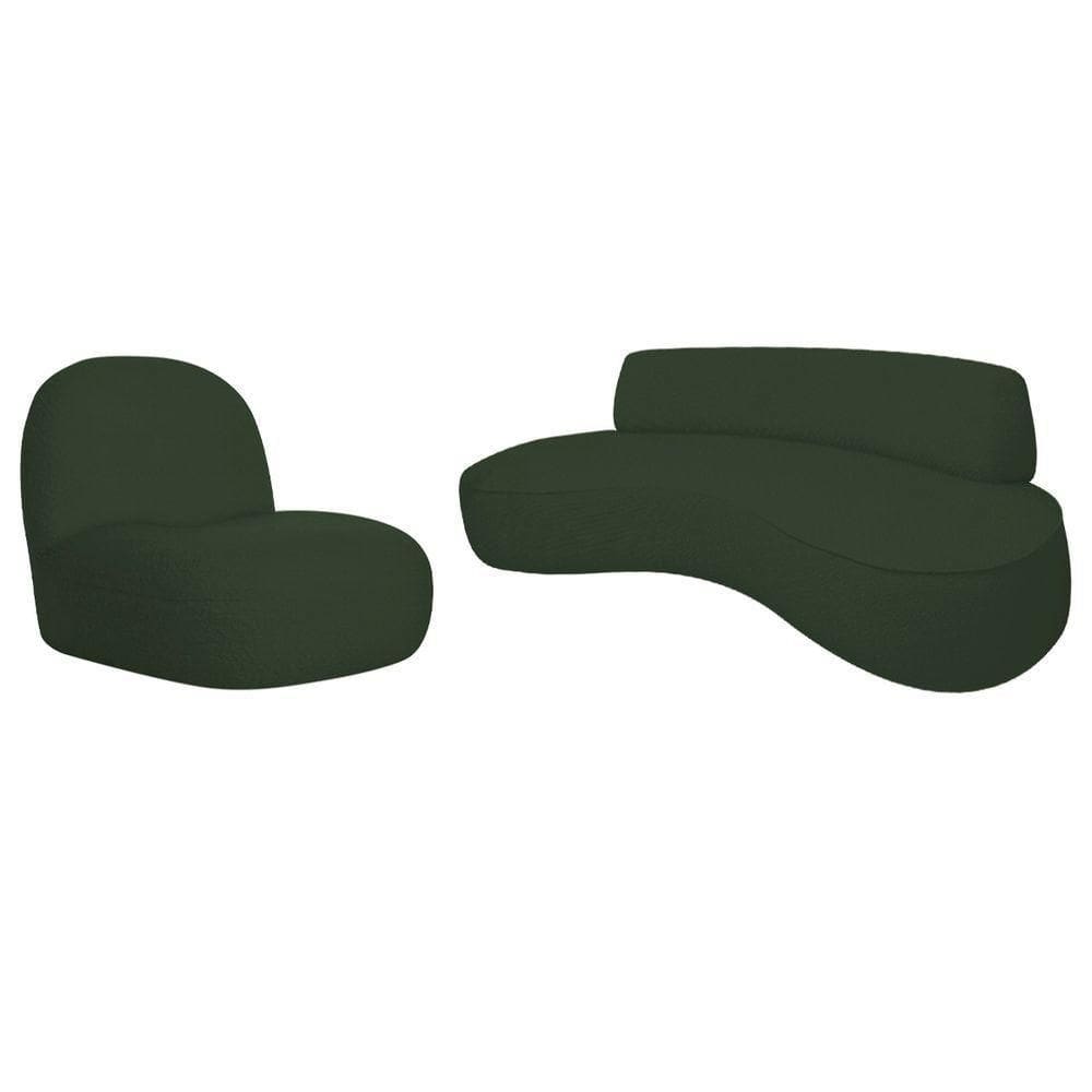 Sofá Curvo 180cm 3 Lugares E 1 Poltrona Amsterdã Linho - Doce Sonho Móveis Cor Verde