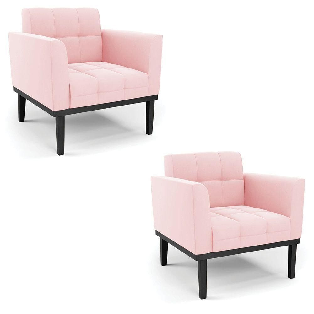 Poltrona Base De Madeira Fixa Preto Kit 2 Elisa Suede Rosa Bebê D03 - D`rossi