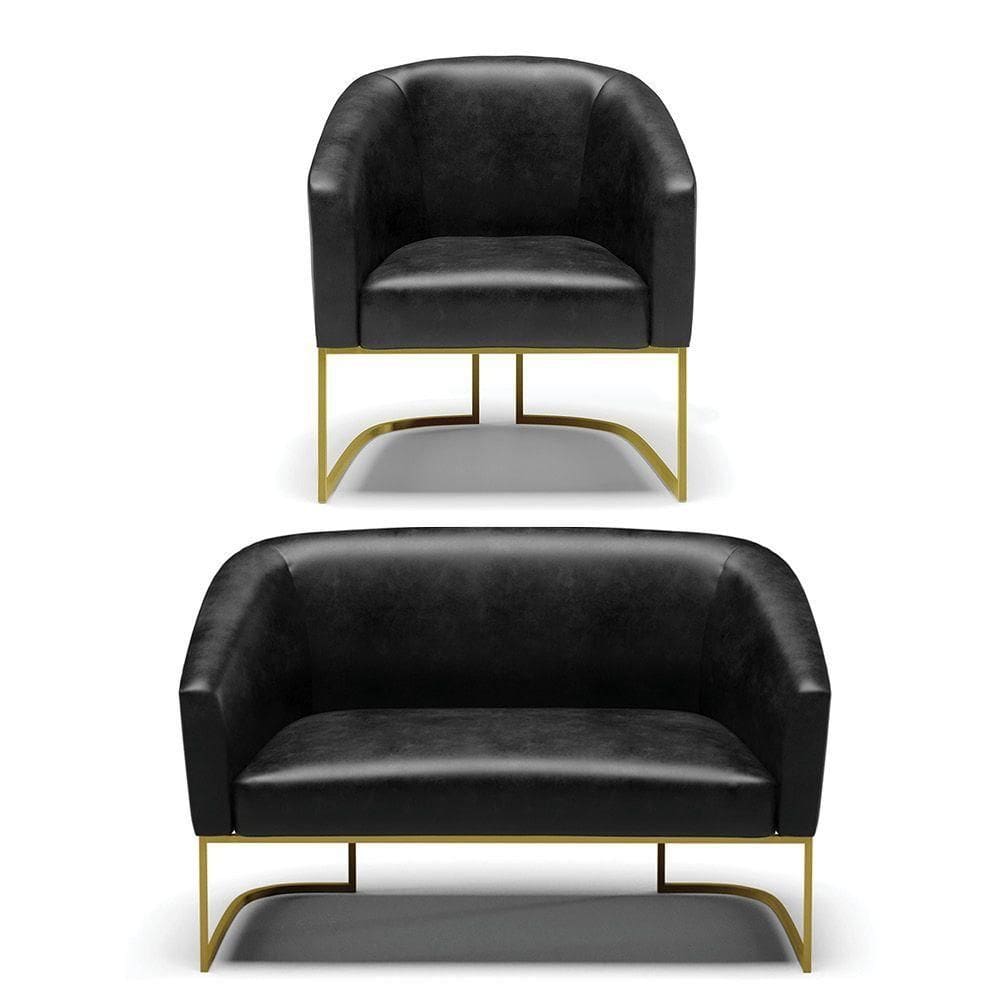 Sofá Namoradeira E Poltrona Base Industrial Dourado Stella Corano Preto D03 - D`rossi