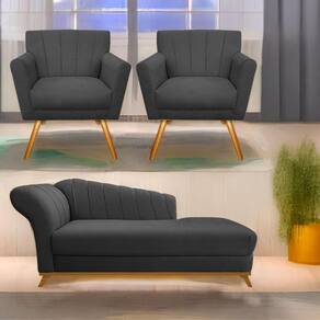 Kit Diva Recamier Vanessa 160Cm Lado Direito E 02 Poltronas Laura Linho Cor Cinzaescuro