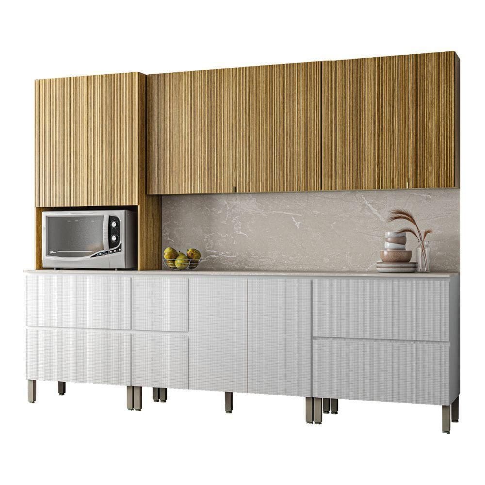 Armário De Cozinha Completa Com Balcão Art Kit?s Paraná 11 Portas 4 Gavetas Madeirado / Branco