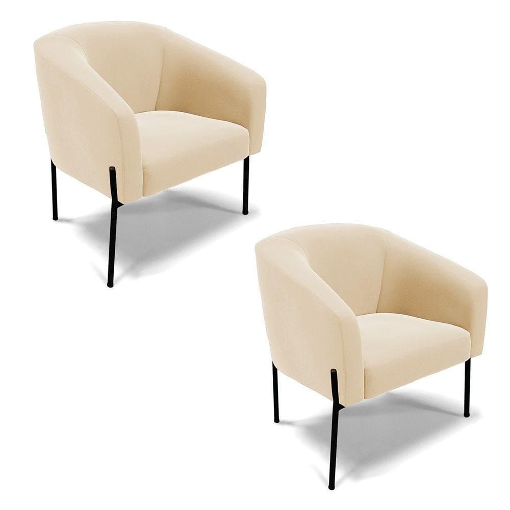 Poltrona Pé De Ferro Preto Kit 2 Stella Suede Bege D03 - D`rossi