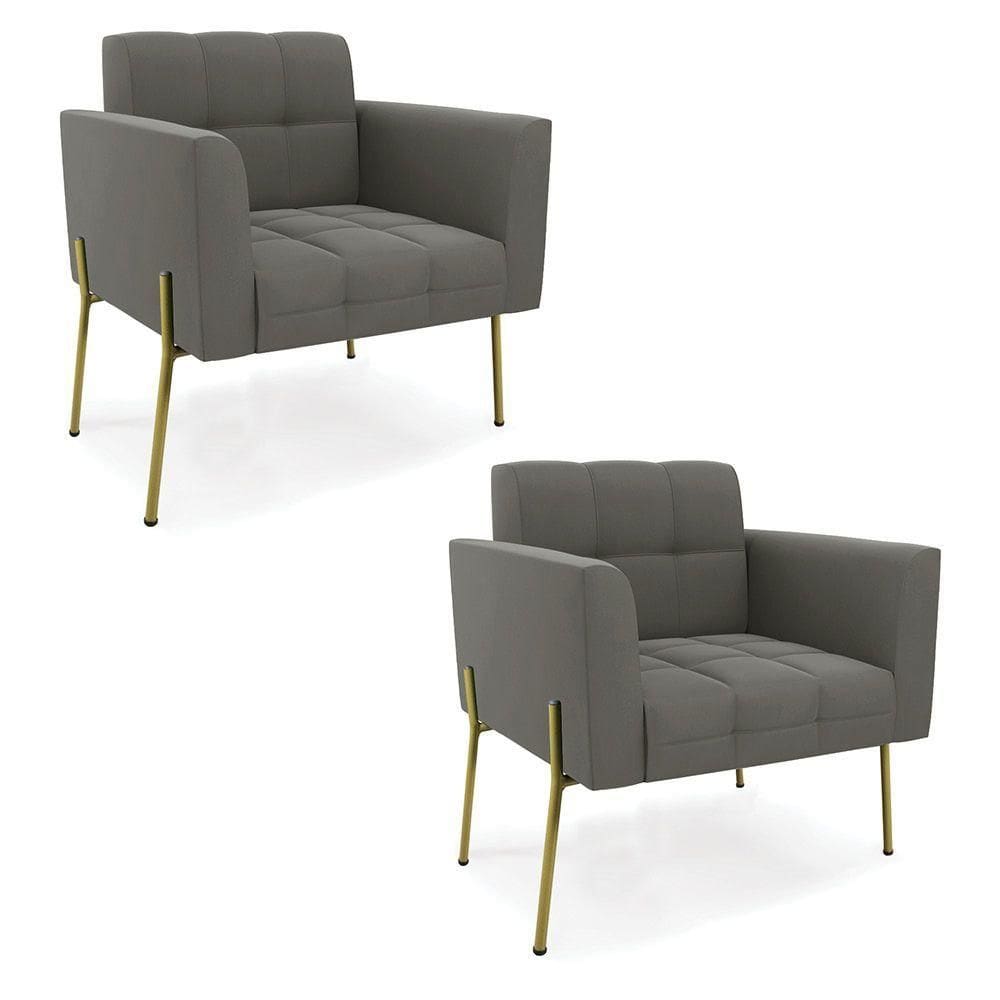 Poltrona Pé De Ferro Dourado Para Sala Kit 2 Elisa Suede Grafite D03 - D`rossi
