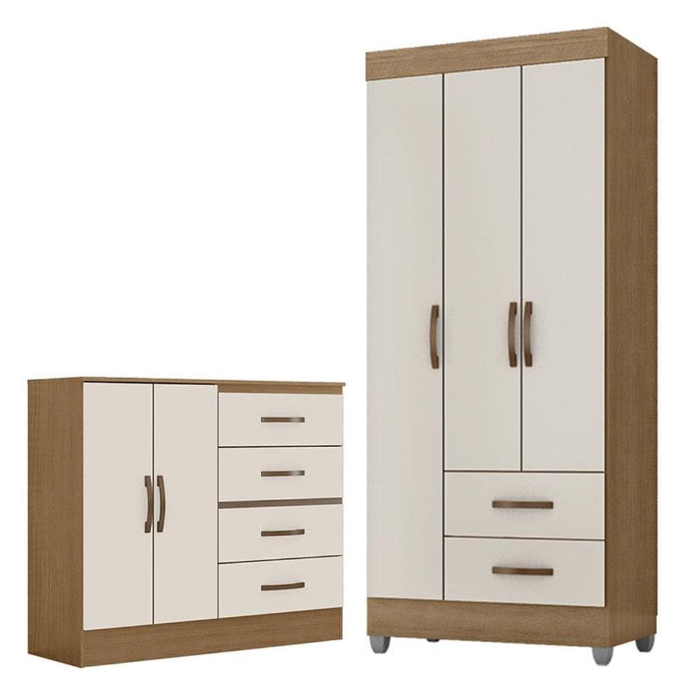 Guarda Roupa Solteiro 3 Portas e Cômoda 4 Gavetas e 2 Portas Lite Nature Off White - Móveis Leão