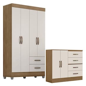 Guarda Roupa Solteiro 4 Portas e Cômoda 4 Gavetas e 2 Portas Lite Nature Off White - Móveis Leão