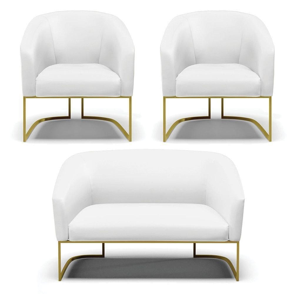 Sofá Namoradeira E 2 Poltronas Base Industrial Dourado Stella Corino Branco D03 - D`rossi