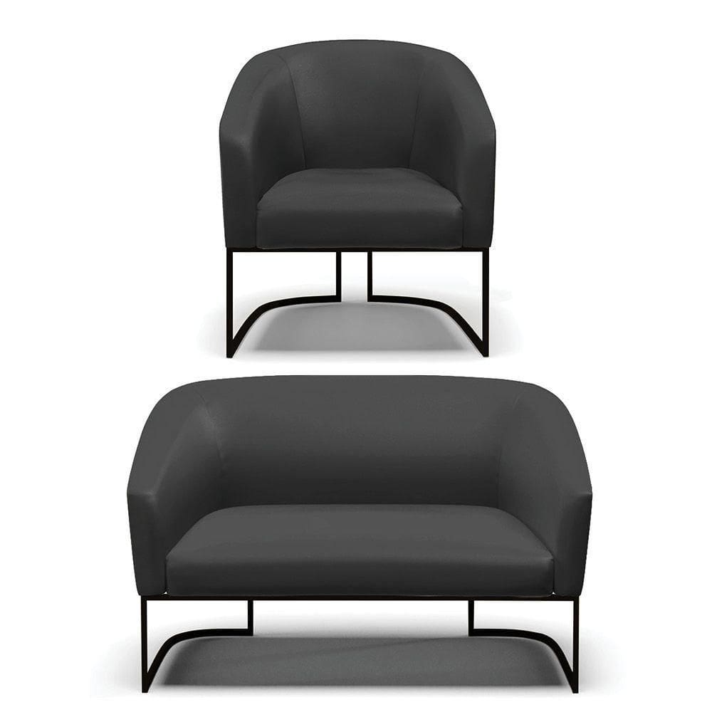 Sofá Namoradeira E Poltrona Base Industrial Preto Stella Corino Preto D03 - D`rossi