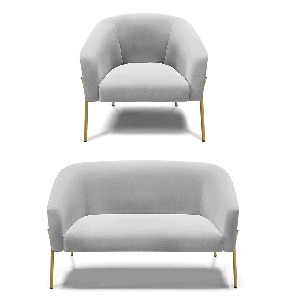 Sofá Namoradeira E Poltrona Pé De Ferro Dourado Stella Suede D03 - D`rossi Cor Cinza