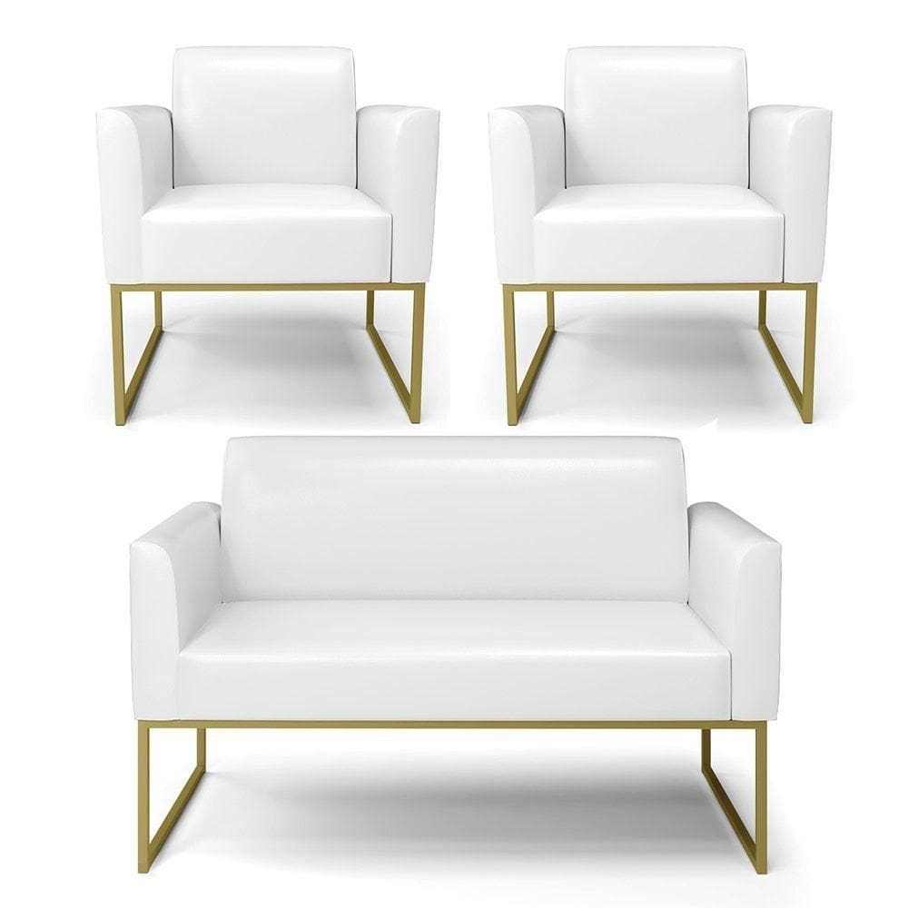 Sofá Namoradeira Com 2 Poltronas Base Industrial Dourado Marisa Corano Branco D03 - D`rossi