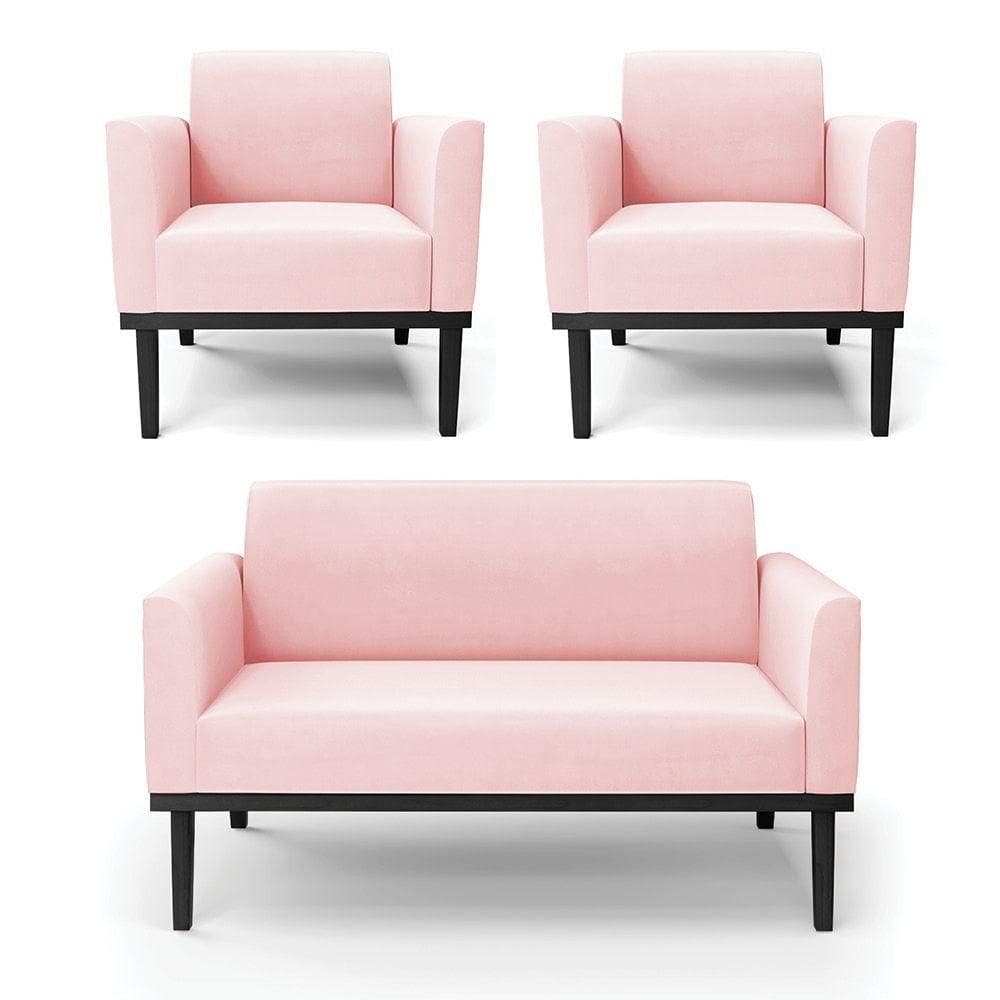 Sofá Namoradeira Com 2 Poltronas Base De Madeira Fixa Preto Marisa Suede D03 - D`Rossi Rosa Bebê
