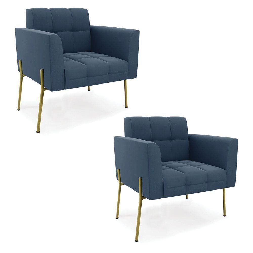 Poltrona Pé De Ferro Dourado Para Sala Kit 2 Elisa Suede D03 - D`rossi Cor Azul Marinho