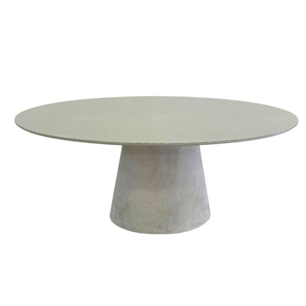 Mesa De Jantar Cone Oval 198x122 Cm Tampo Off White + Vidro Base Concreto Cinza