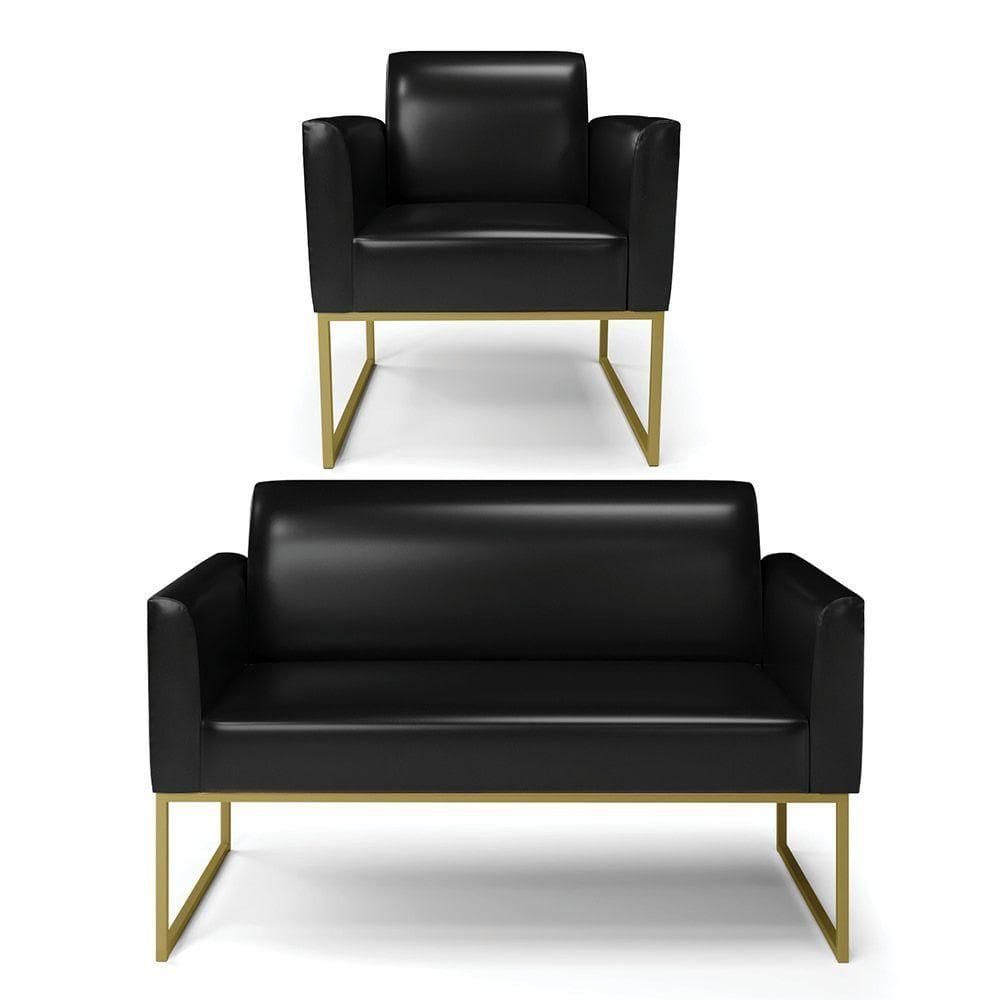 Sofá Namoradeira Com Poltrona Base Industrial Dourado Marisa Corano Preto D03 - D`rossi