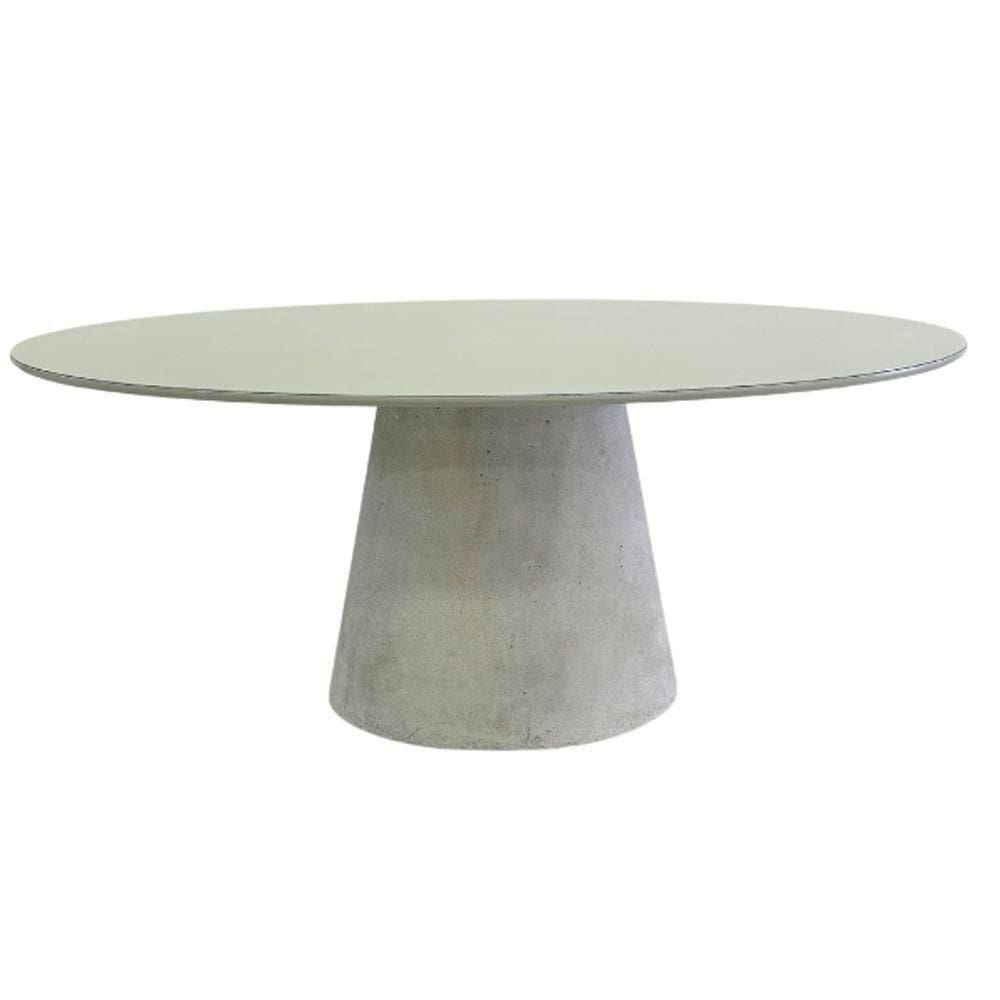 Mesa De Jantar Cone Oval 160x90 Cm Tampo Off White + Vidro Base Concreto Cinza