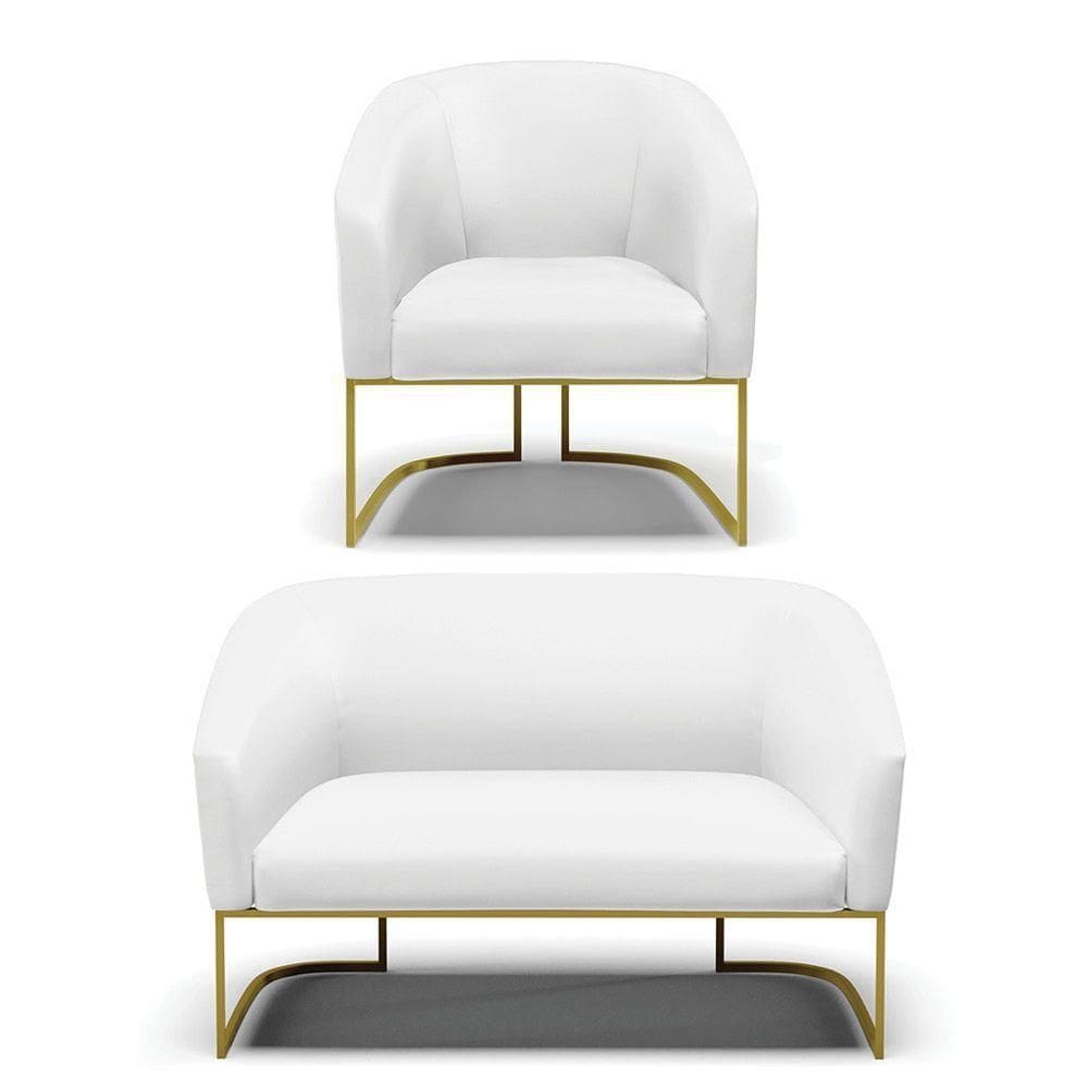 Sofá Namoradeira E Poltrona Base Industrial Dourado Stella Corino Branco D03 - D`rossi