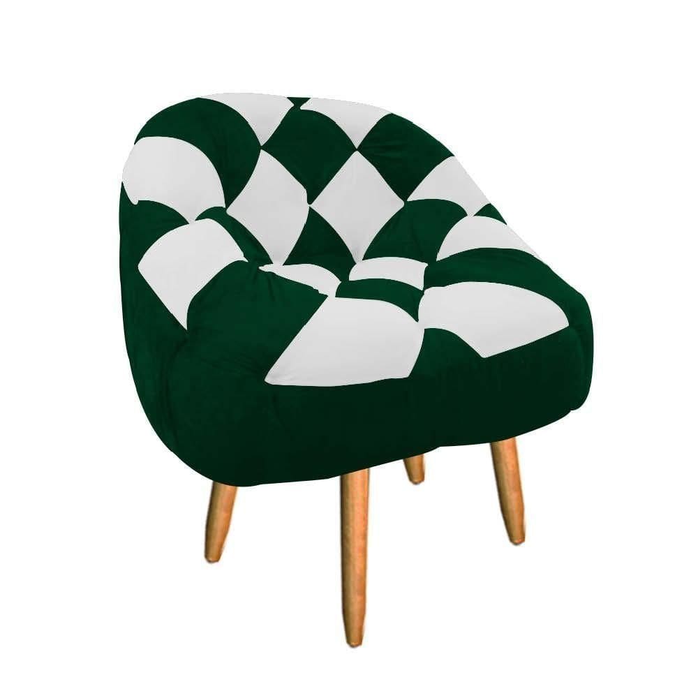 Poltrona Redonda Dama Suede Verde E Branco Pés Palito Natural - D`rossi