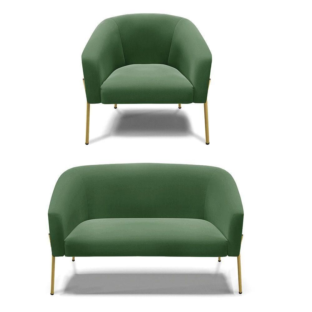 Sofá Namoradeira E Poltrona Pé De Ferro Dourado Stella Suede Verde D03 - D`rossi