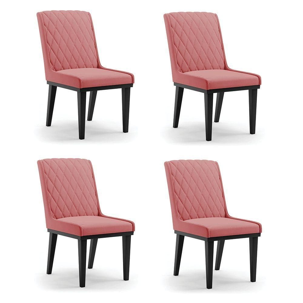 Cadeira Sala De Jantar Base Madeira Preto Kit 4 Sofia Suede D03 - D`rossi Cor Rose