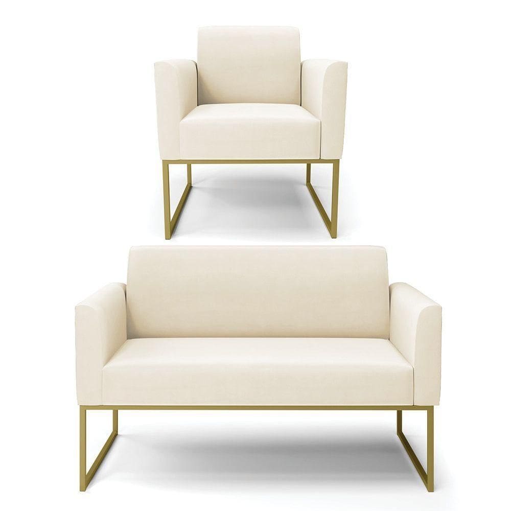Sofá Namoradeira Com Poltrona Base Industrial Dourado Marisa Veludo Bege D03 - D`rossi