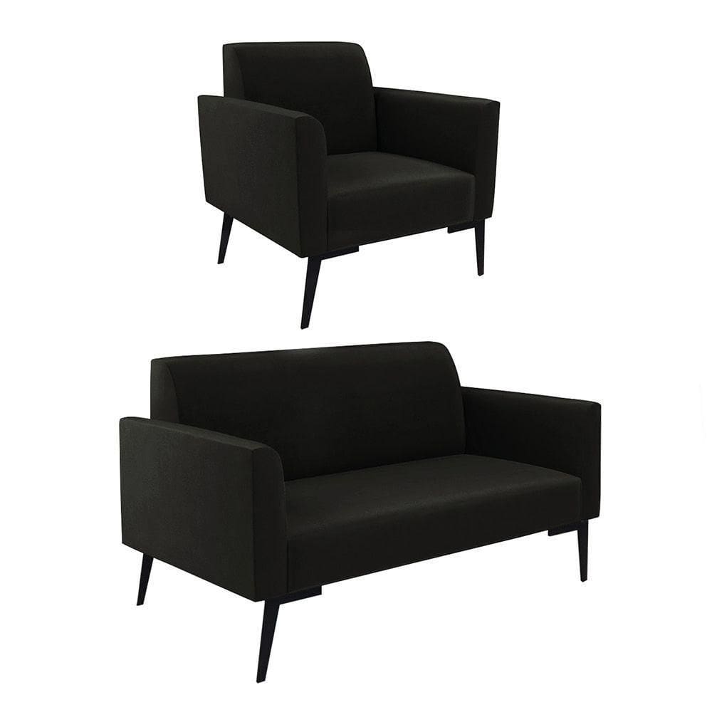 Sofá Namoradeira Com Poltrona Pés Villach Marisa Suede Preto D03 - D`rossi