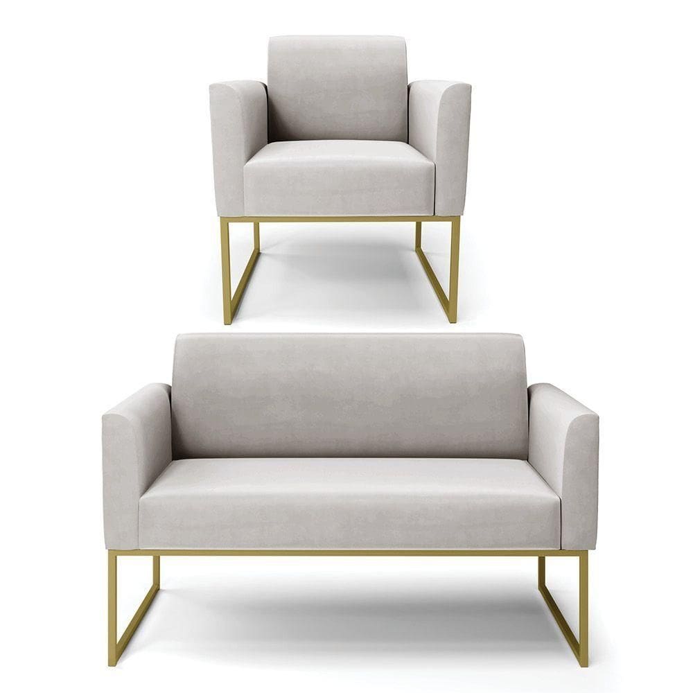 Sofá Namoradeira Com Poltrona Base Industrial Dourado Marisa Veludo Cinza D03 - D`rossi