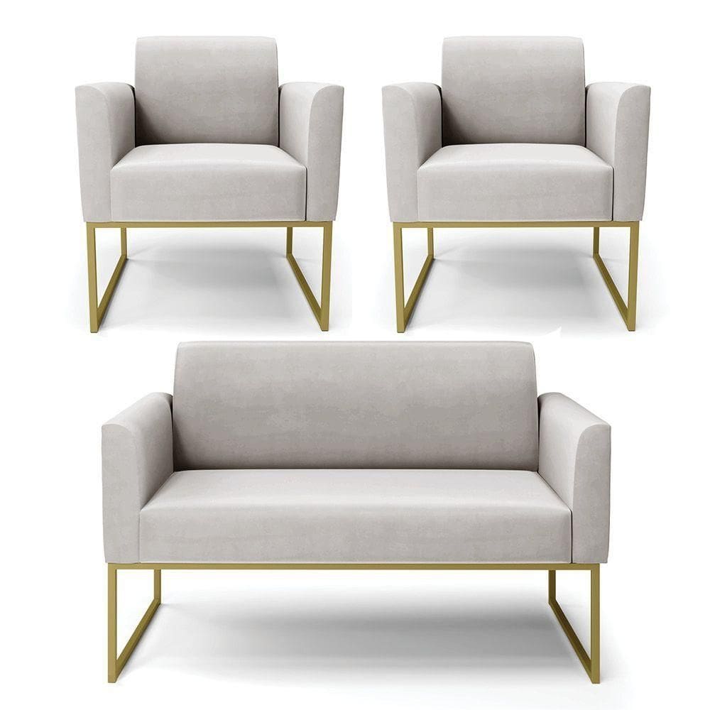 Sofá Namoradeira Com 2 Poltronas Base Industrial Dourado Marisa Veludo D03 - D\`rossi Cor Cinza