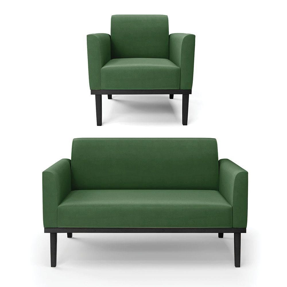 Sofá Namoradeira Com Poltrona Base De Madeira Fixa Preto Marisa Suede Verde D03 - D`Rossi