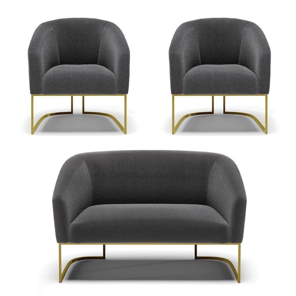 Sofá Namoradeira E 2 Poltronas Base Industrial Dourado Stella Bouclê Grafite D03 - D`rossi