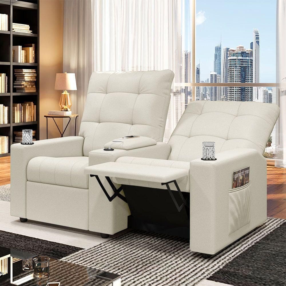Poltrona Do Papai Reclinável Sala De Cinema 2 Lugares Manual Baú Usb Veludo Bege