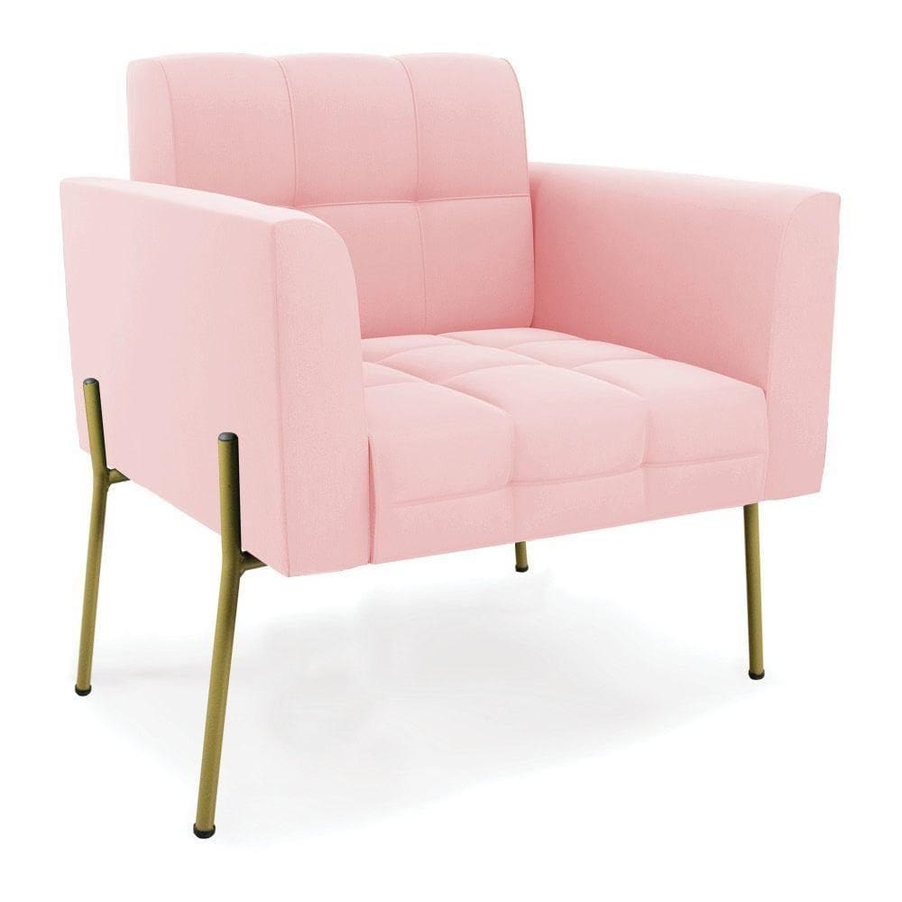 Poltrona Pé De Ferro Dourado Para Sala Elisa Suede Rosa Bebê D03 - D`rossi
