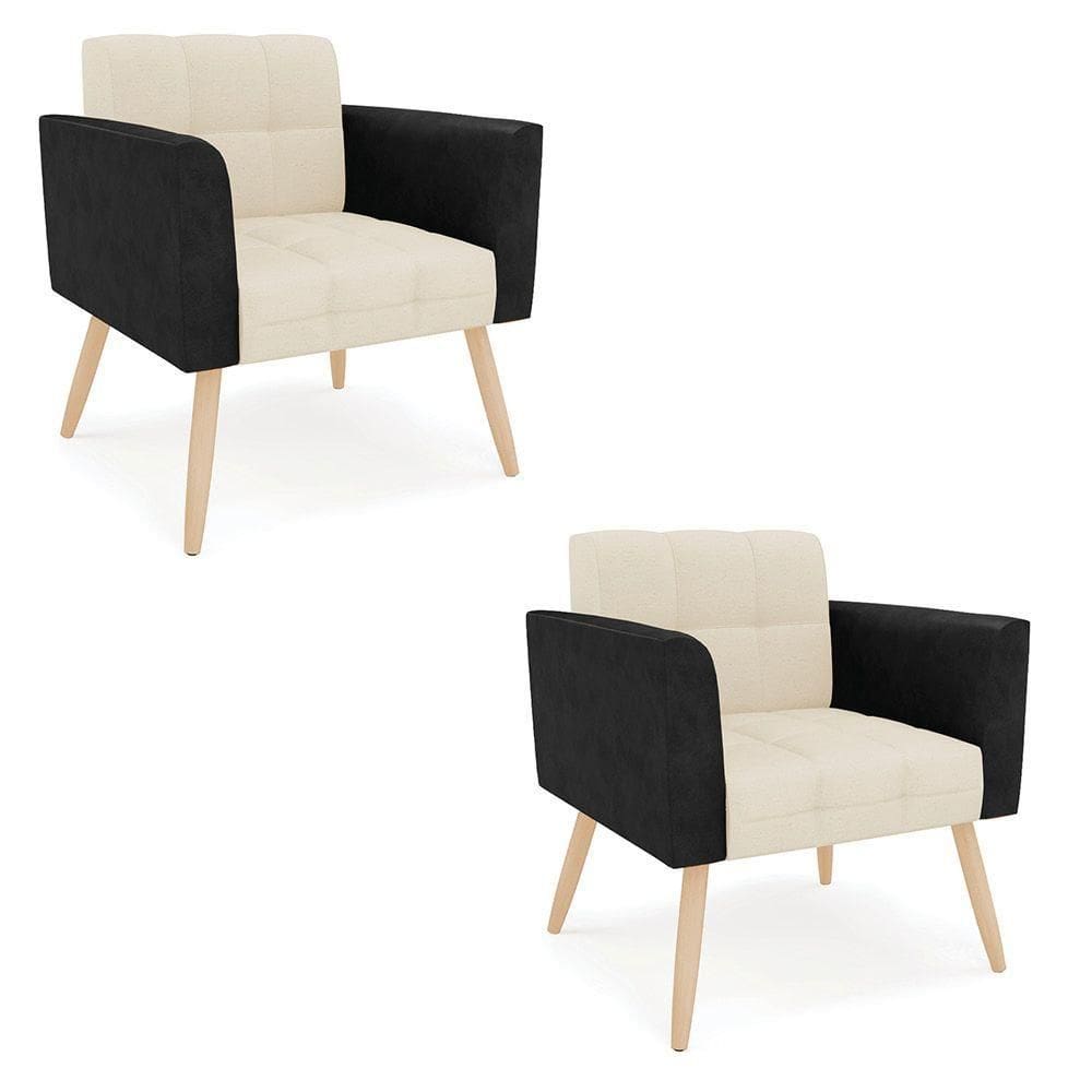 Poltrona Pés Palito Natural Kit 2 Elisa Preto-linho Bege A19 D03 - D`rossi