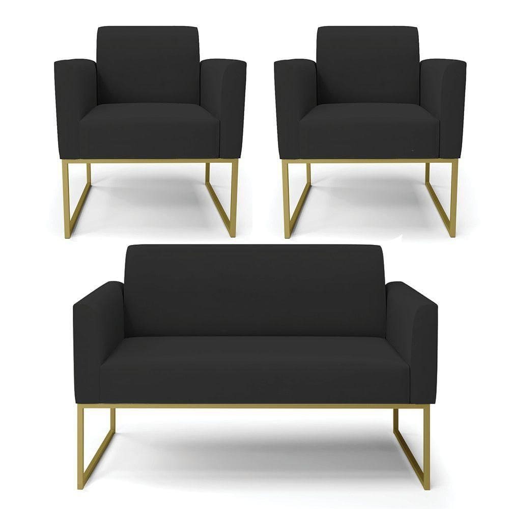Sofá Namoradeira Com 2 Poltronas Base Industrial Dourado Marisa Veludo Preto D03 - D`rossi