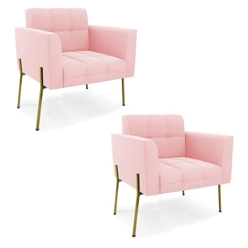 Poltrona Pé De Ferro Dourado Para Sala Kit 2 Elisa Suede Rosa Bebê D03 - D`rossi