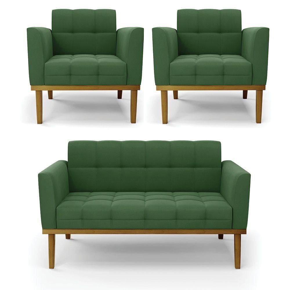Namoradeira E 2 Poltronas Base De Madeira Castanho Elisa Suede Verde D03 - D`rossi