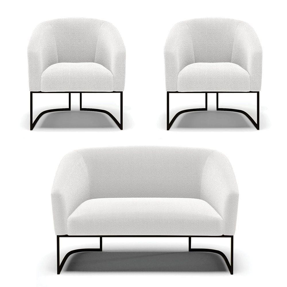 Sofá Namoradeira E 2 Poltronas Base Industrial Preto Stella Bouclê Off White D03 - D`rossi