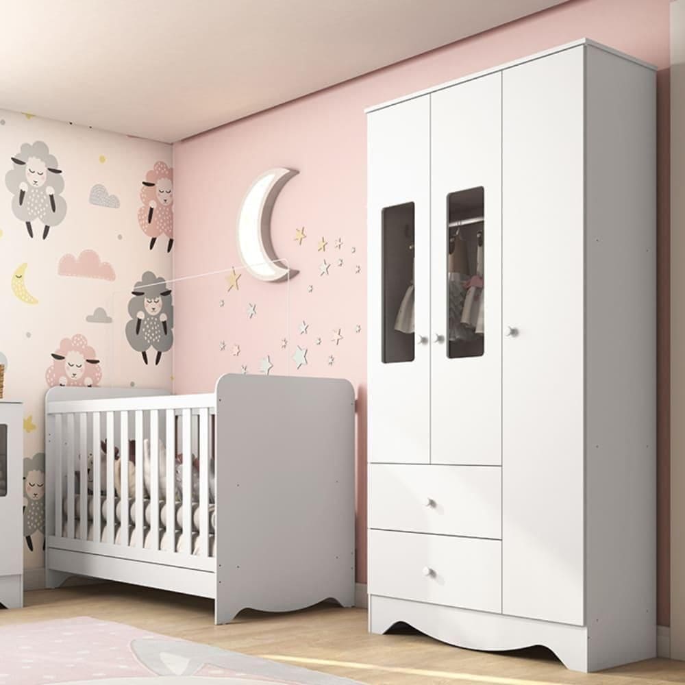 Quarto De Bebê c/ Berço Americano 3 Em 1 E Guarda Roupa 3 Portas c/ Janela Ben Peroba Branco Brilho