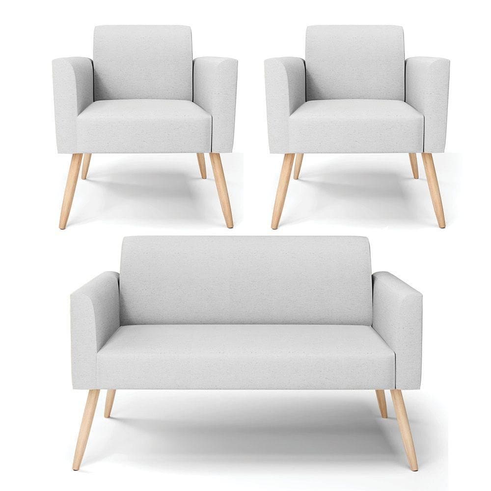 Sofá Namoradeira Com 2 Poltronas Pés Palito Natural Marisa Linho D03 - D\`rossi Cor A05 Cinza