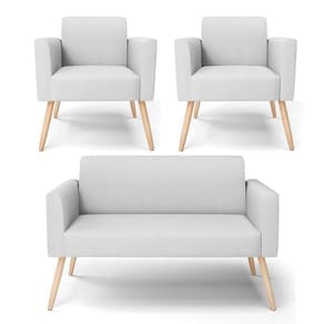 Sofá Namoradeira Com 2 Poltronas Pés Palito Natural Marisa Linho D03 - D\`rossi Cor A05 Cinza