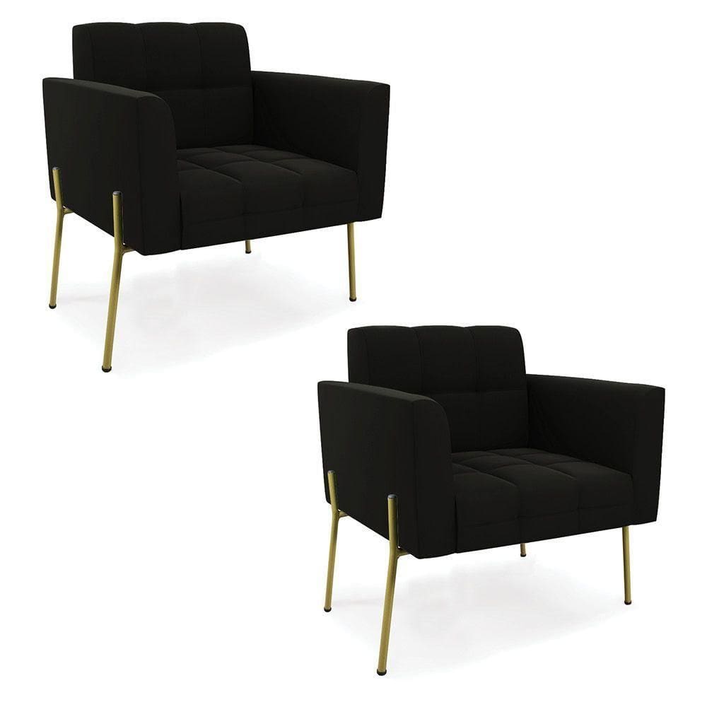 Poltrona Pé De Ferro Dourado Para Sala Kit 2 Elisa Suede Preto D03 - D`rossi