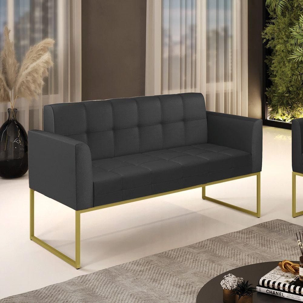 Sofá Namoradeira Elisa Corino Preto Base Metálica Industrial Dourado - D`rossi