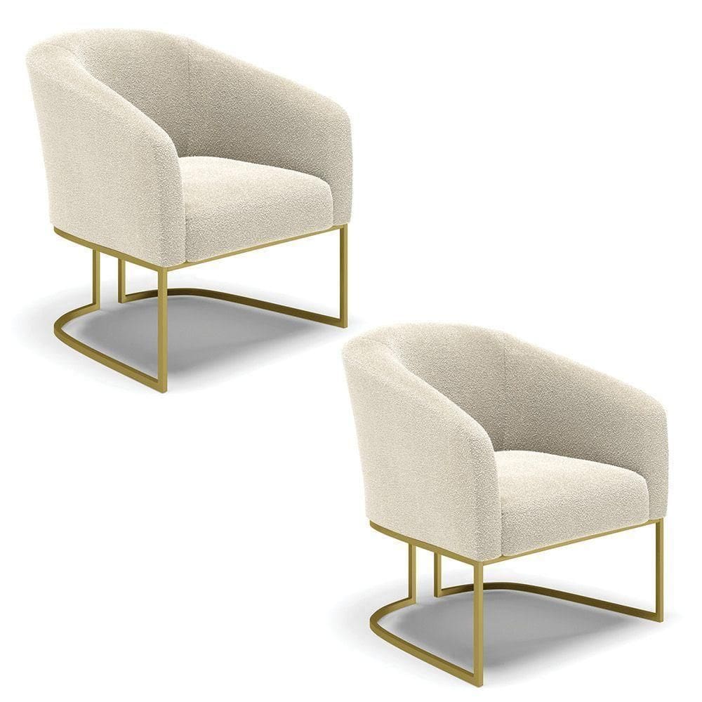 Kit 2 Poltronas Stella Bouclê Bege Base Metálica Industrial Dourado - D`rossi