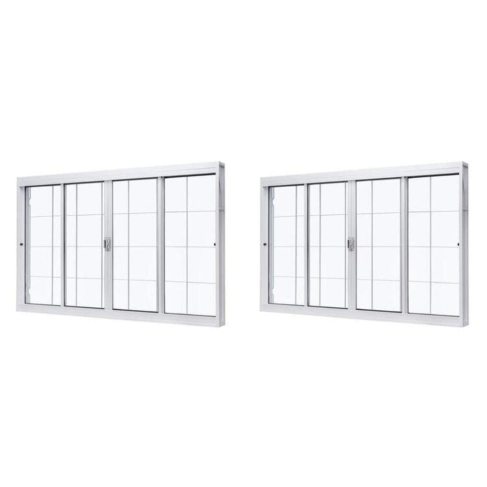 Kit com 2 Janelas de Aço de Correr Central 100x120cm 4 Folhas com Grade Quadriculada e Vidro Liso Branco