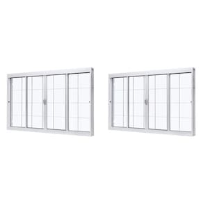 Kit com 2 Janelas de Aço de Correr Central 100x120cm 4 Folhas com Grade Quadriculada e Vidro Liso Branco