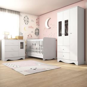 Quarto De Bebê Completo c/ Guarda Roupa E Cômoda c/ Janelas E Berço 3 Em 1 Ben Peroba Branco Brilho