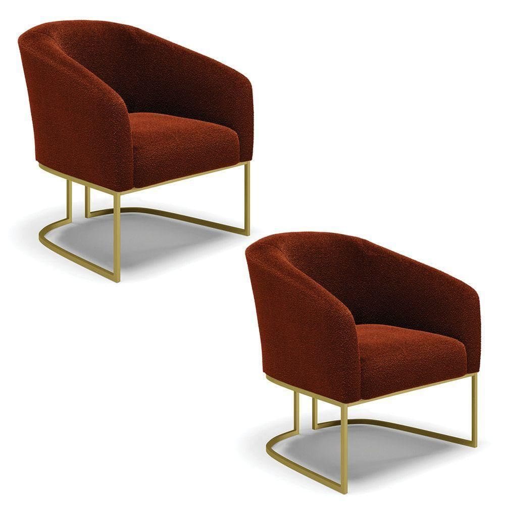 Kit 2 Poltronas Stella Bouclê Base Metálica Industrial Dourado - D`rossi Cor Terra